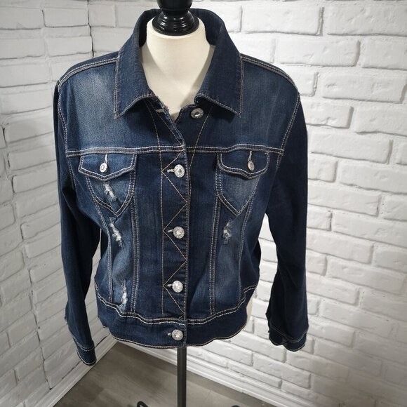 Amethyst Ladies Size 1X Distressed Dark Wash Jean Jacket - Picture 1 of 8
